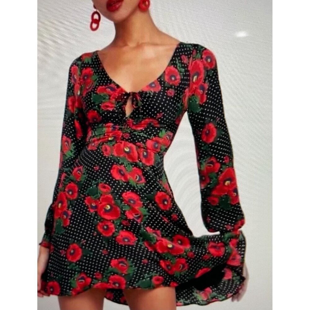 Free People CP Floral Polka Dot Dress With Long Sleeves & Cinched Waist Sz Small